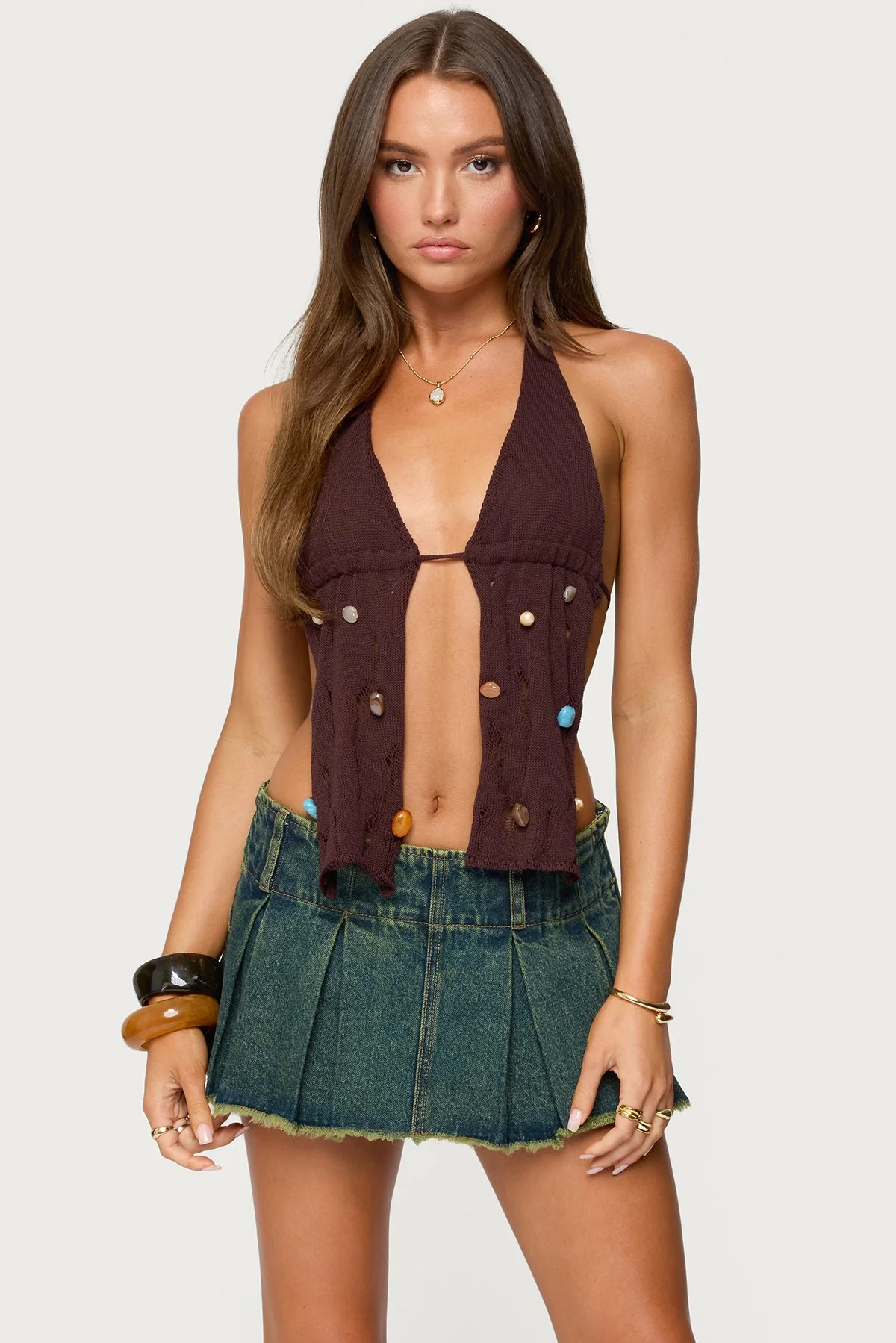 Brown Distressed Knit Halter Top with Beaded Detailing
