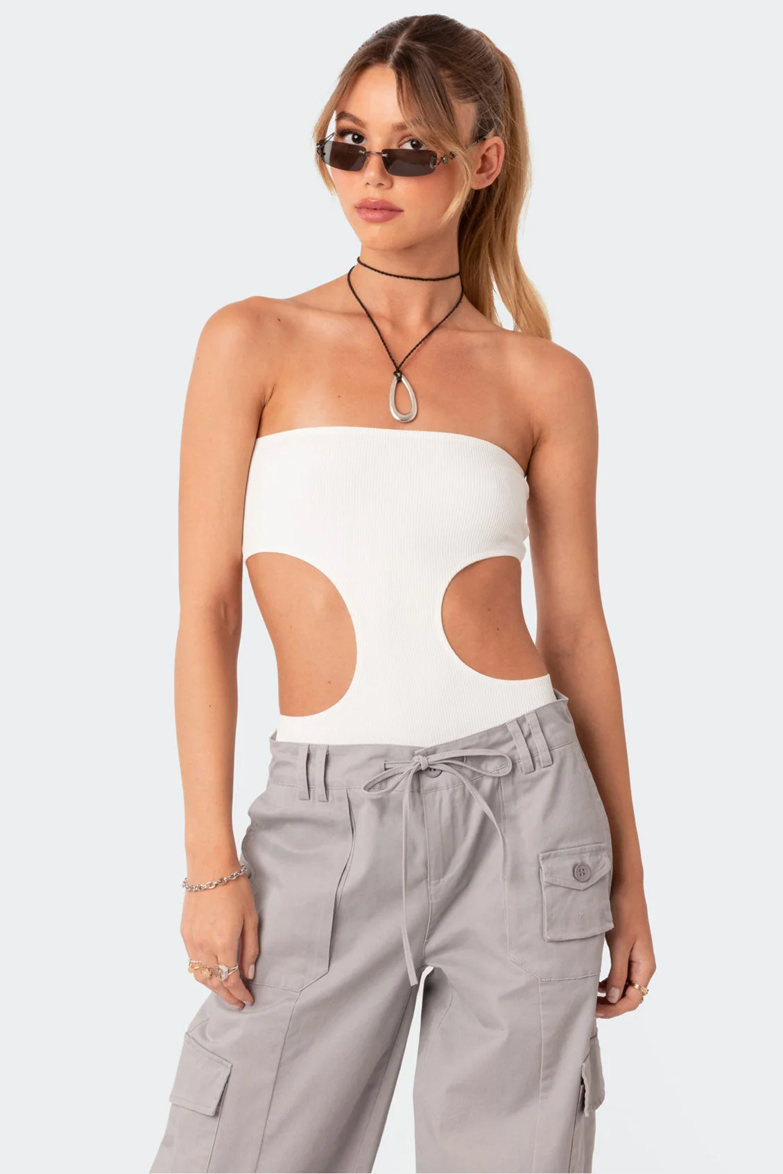 Ribbed Cut-Out Bodysuit in White, Stretch Fabric