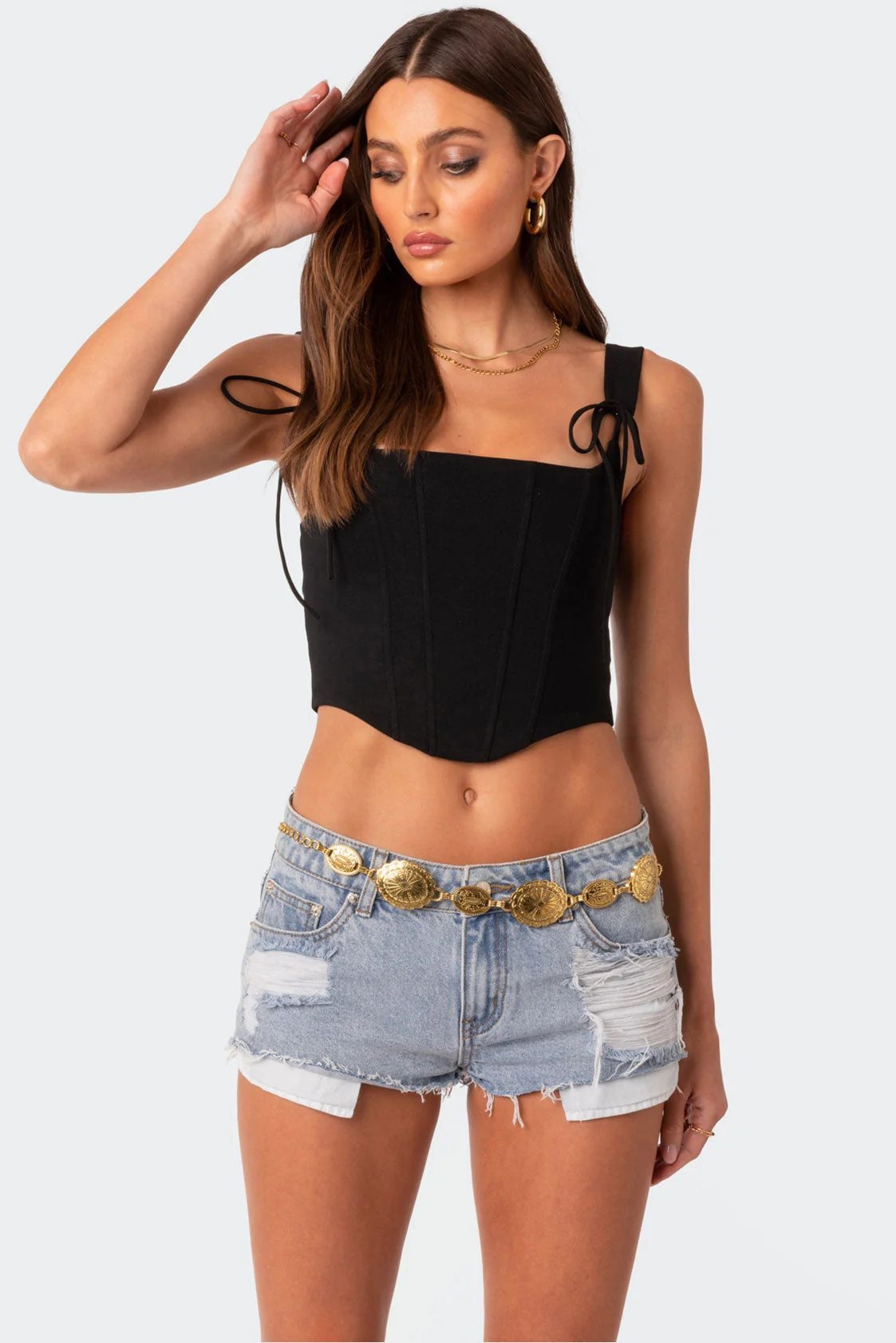 Stretch Black Corset Top for Women, Ribbon Straps