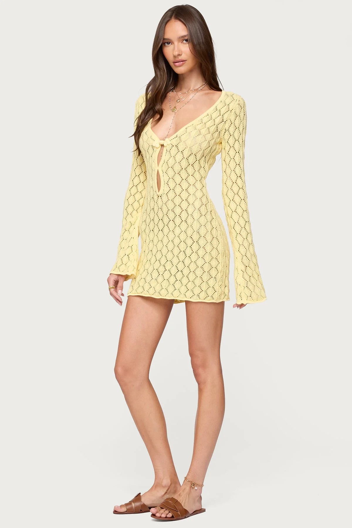 Crochet Mini Dress Yellow Cut Out V-Neck Style