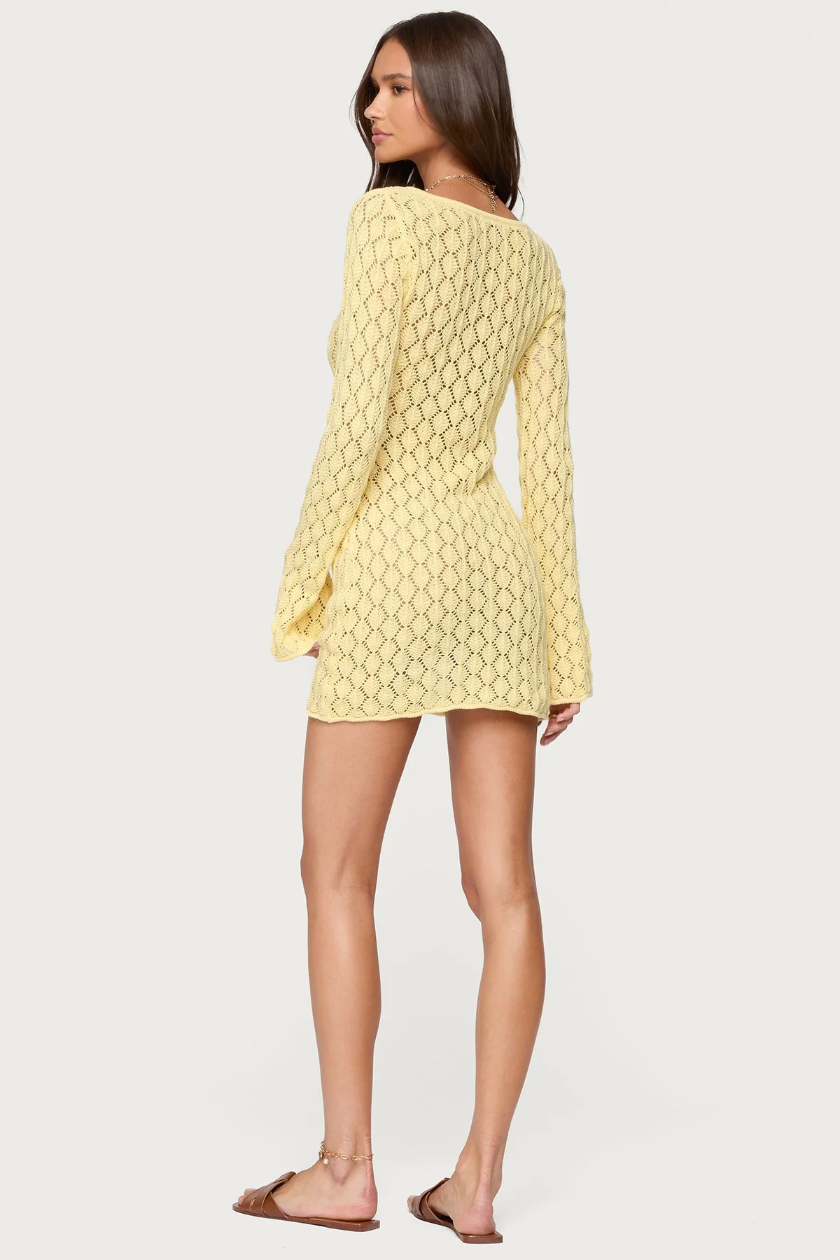 Crochet Mini Dress Yellow Cut Out V-Neck Style