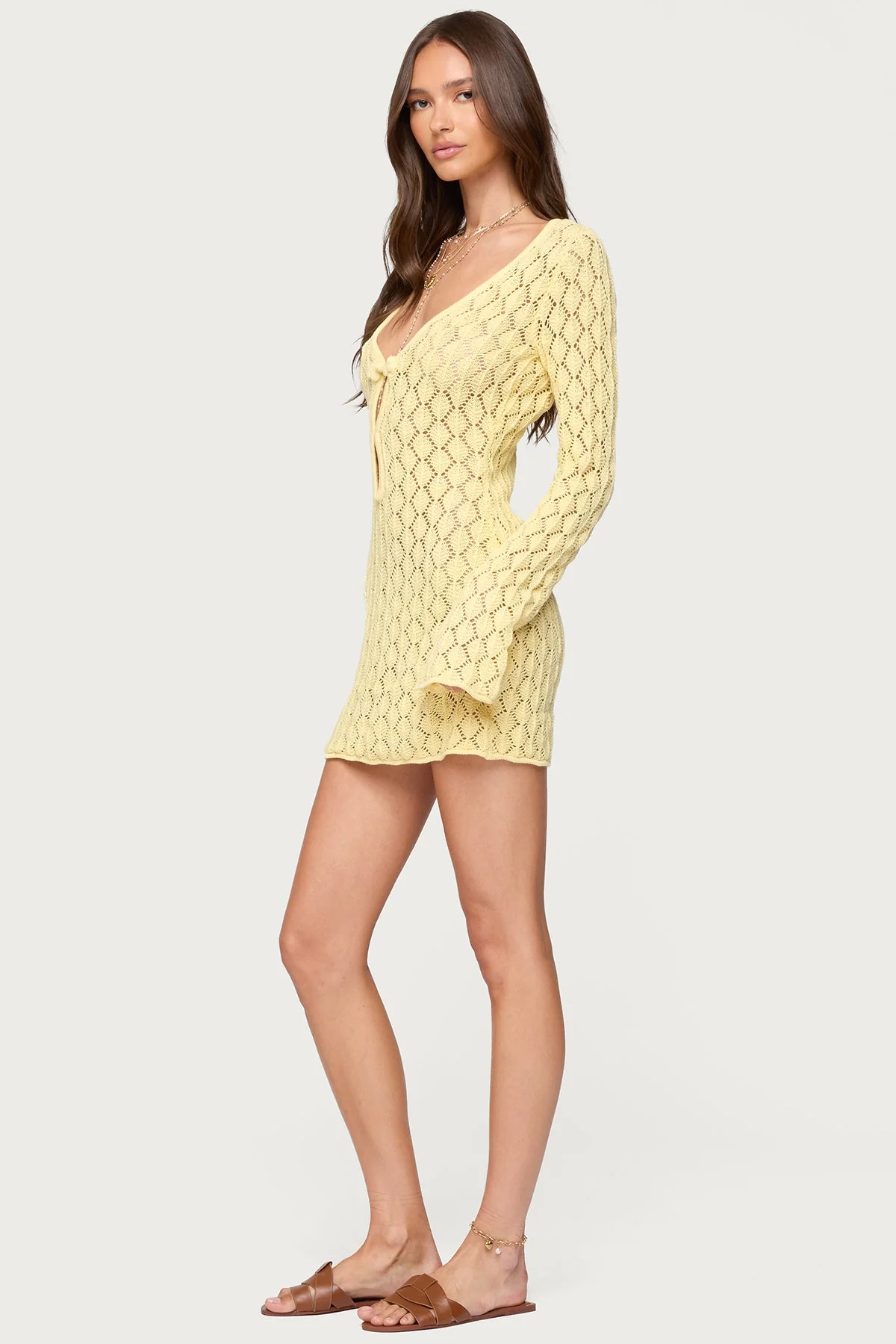 Crochet Mini Dress Yellow Cut Out V-Neck Style