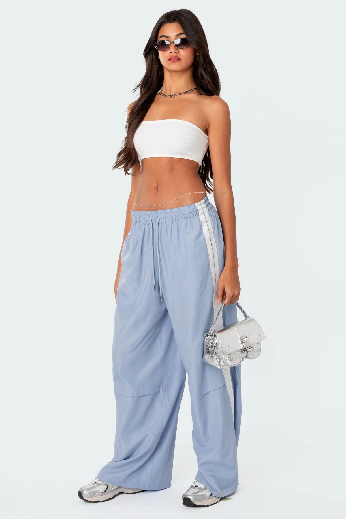 Light Blue Nylon Track Pants with Side Stripe Detail