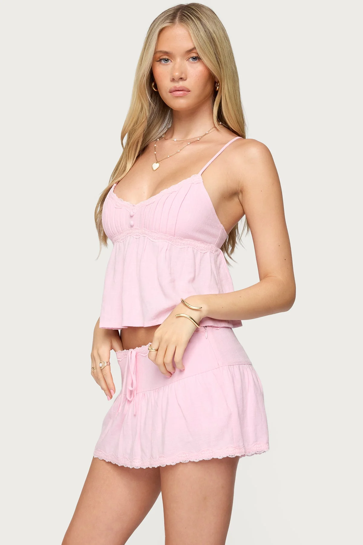 Light Pink Lace Pleated Tank Top for Women
