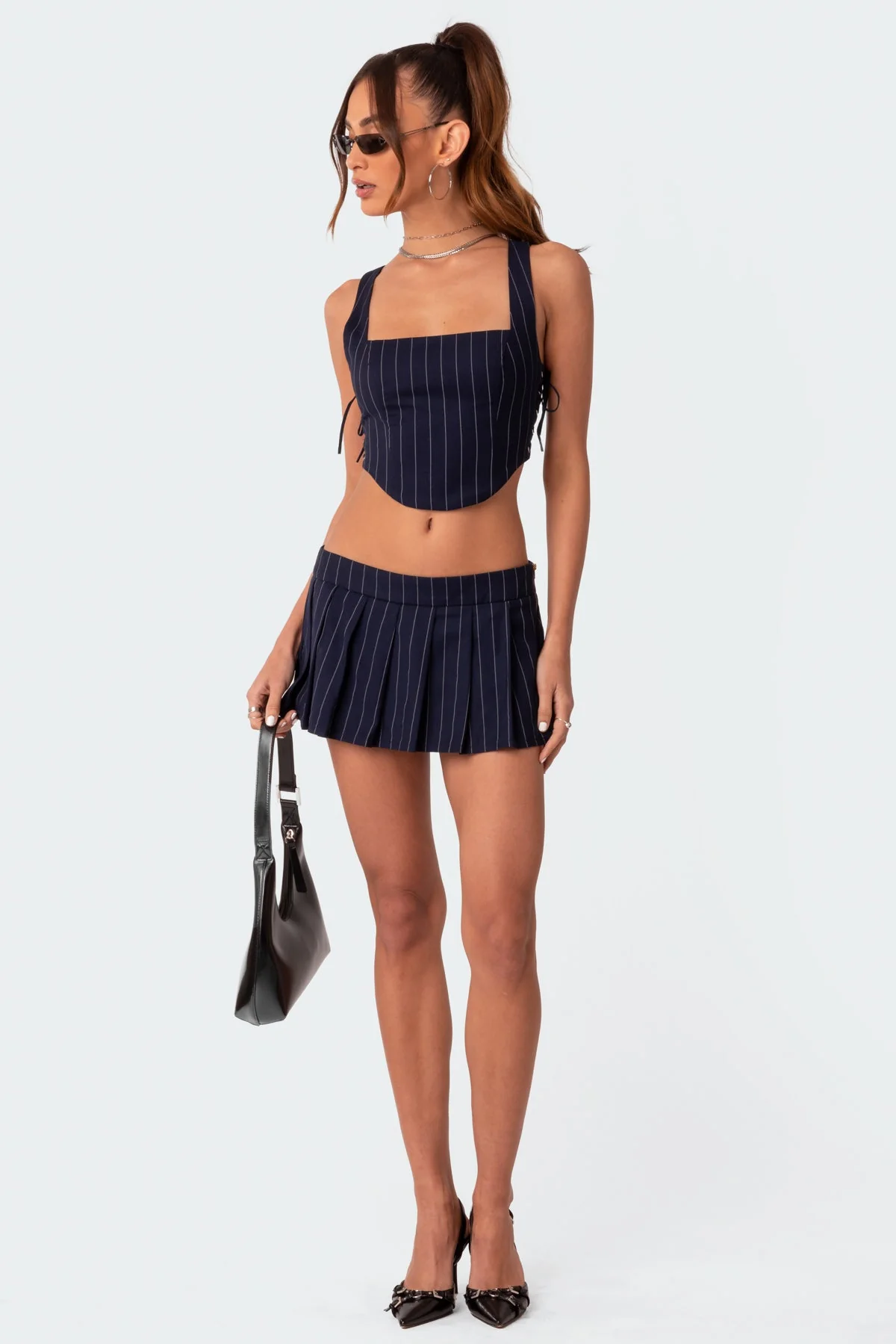 Navy Pinstripe Pleated Skort Dress