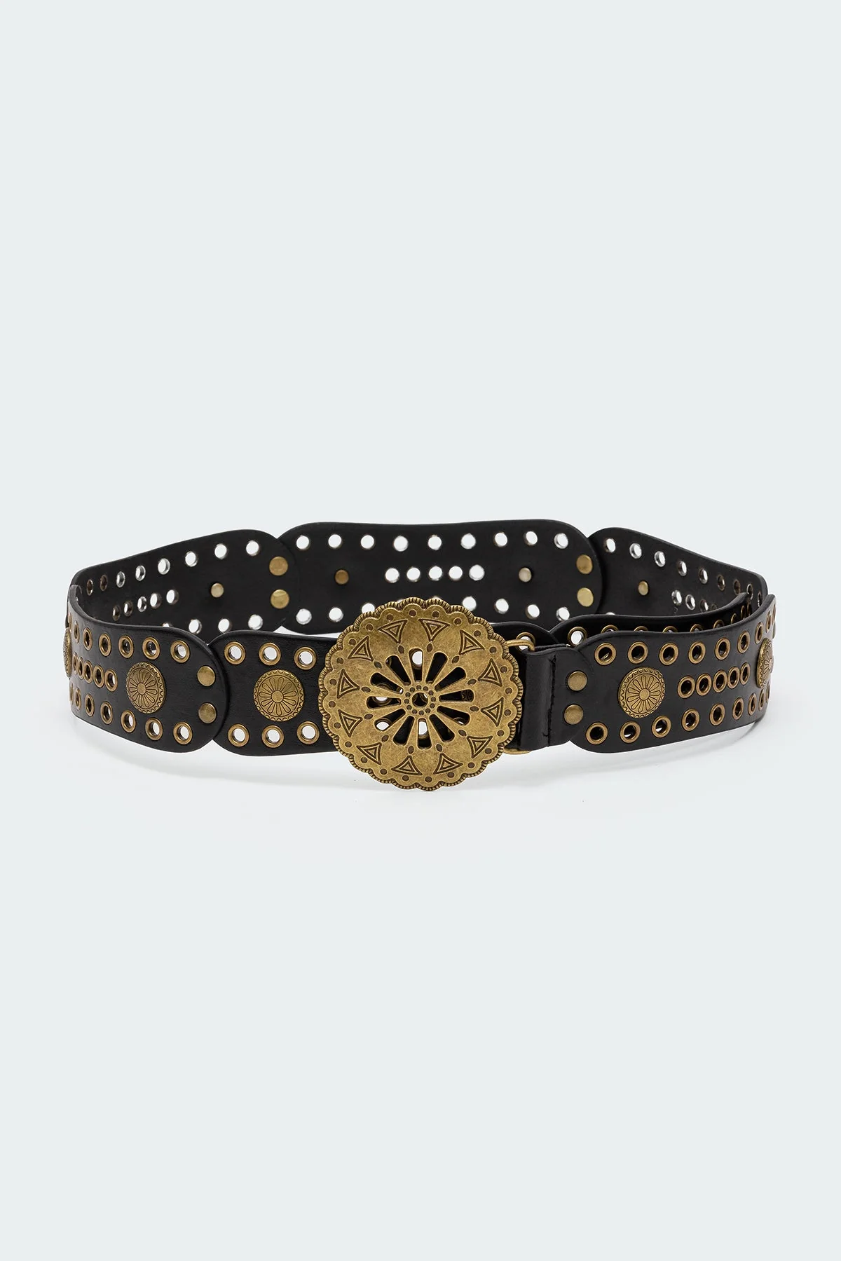 Black Scalloped Circle Faux Leather Belt