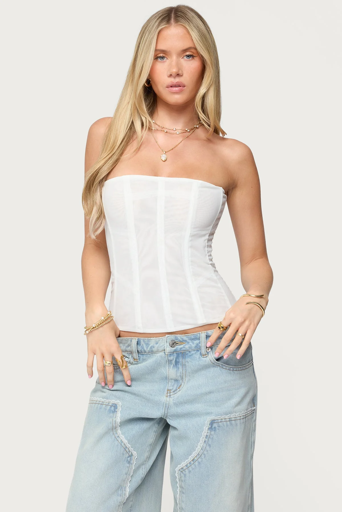 White Sheer Mesh Corset Top