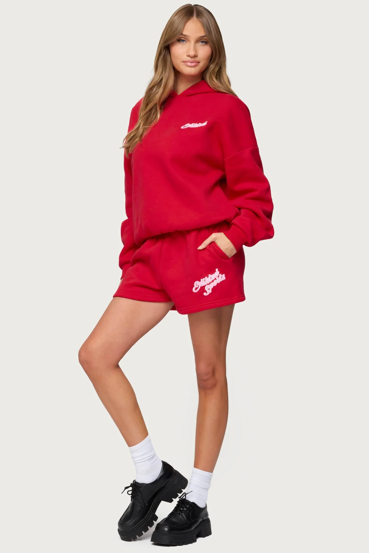 Red Sports Elastic Waist Sweat Shorts XS-XL