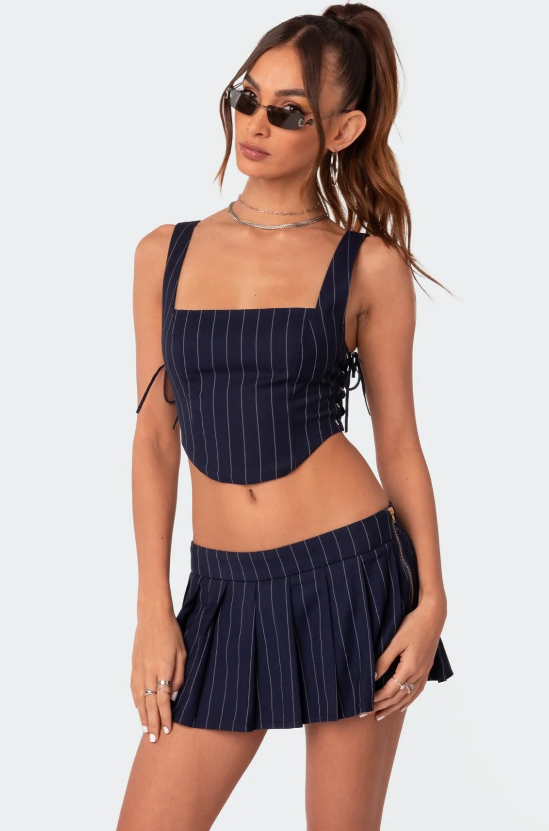 Navy Pinstripe Lace-Up Corset
