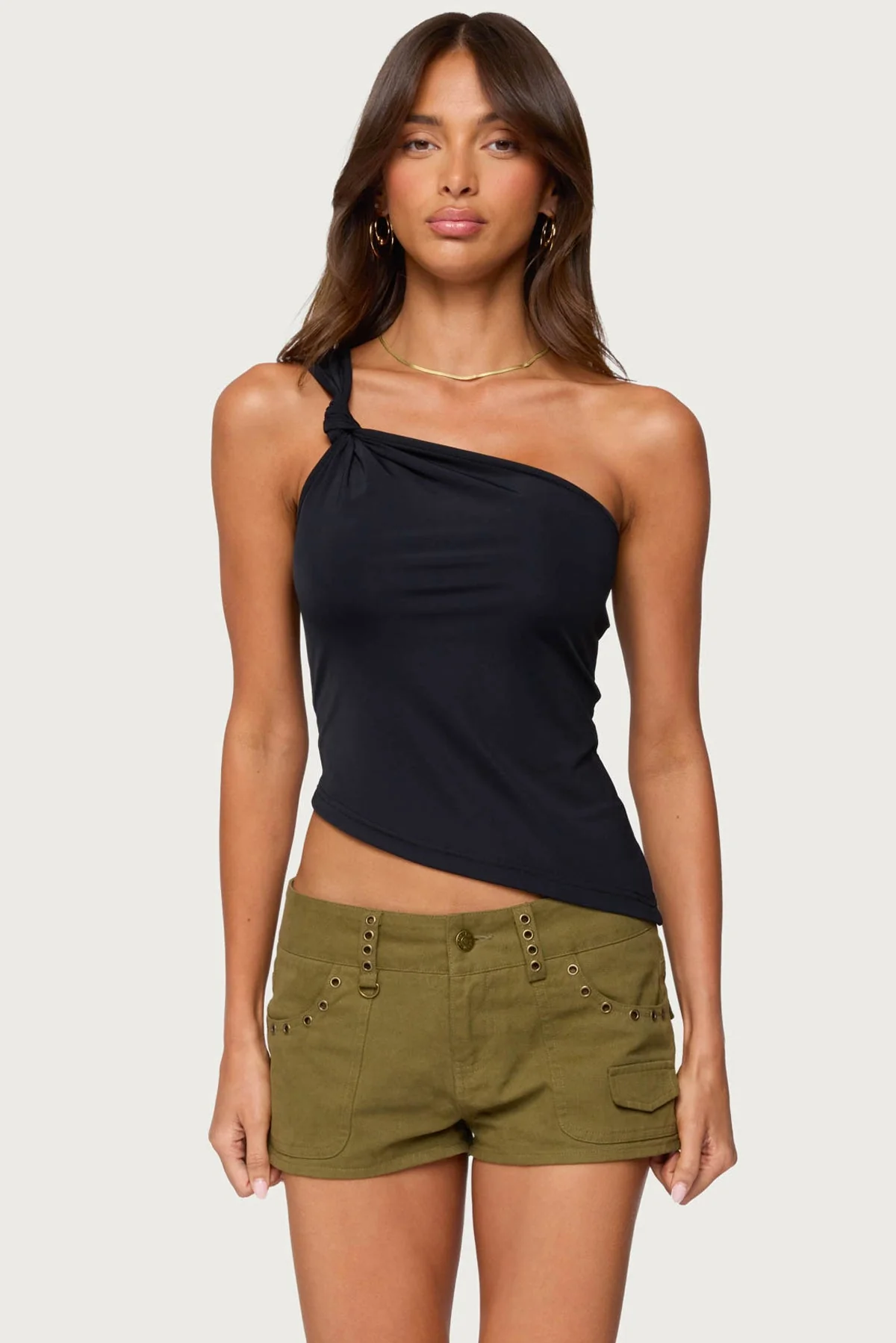 Black Asymmetric Knotted One-Shoulder Top