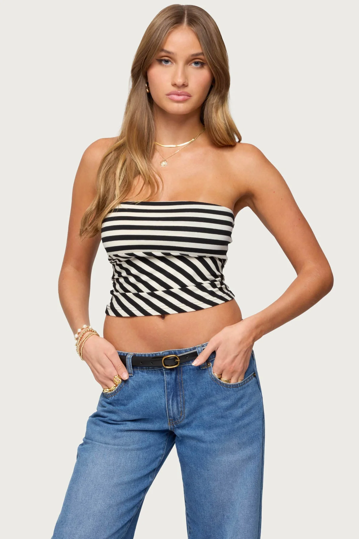 Black and Cream Striped Strapless Tube Top