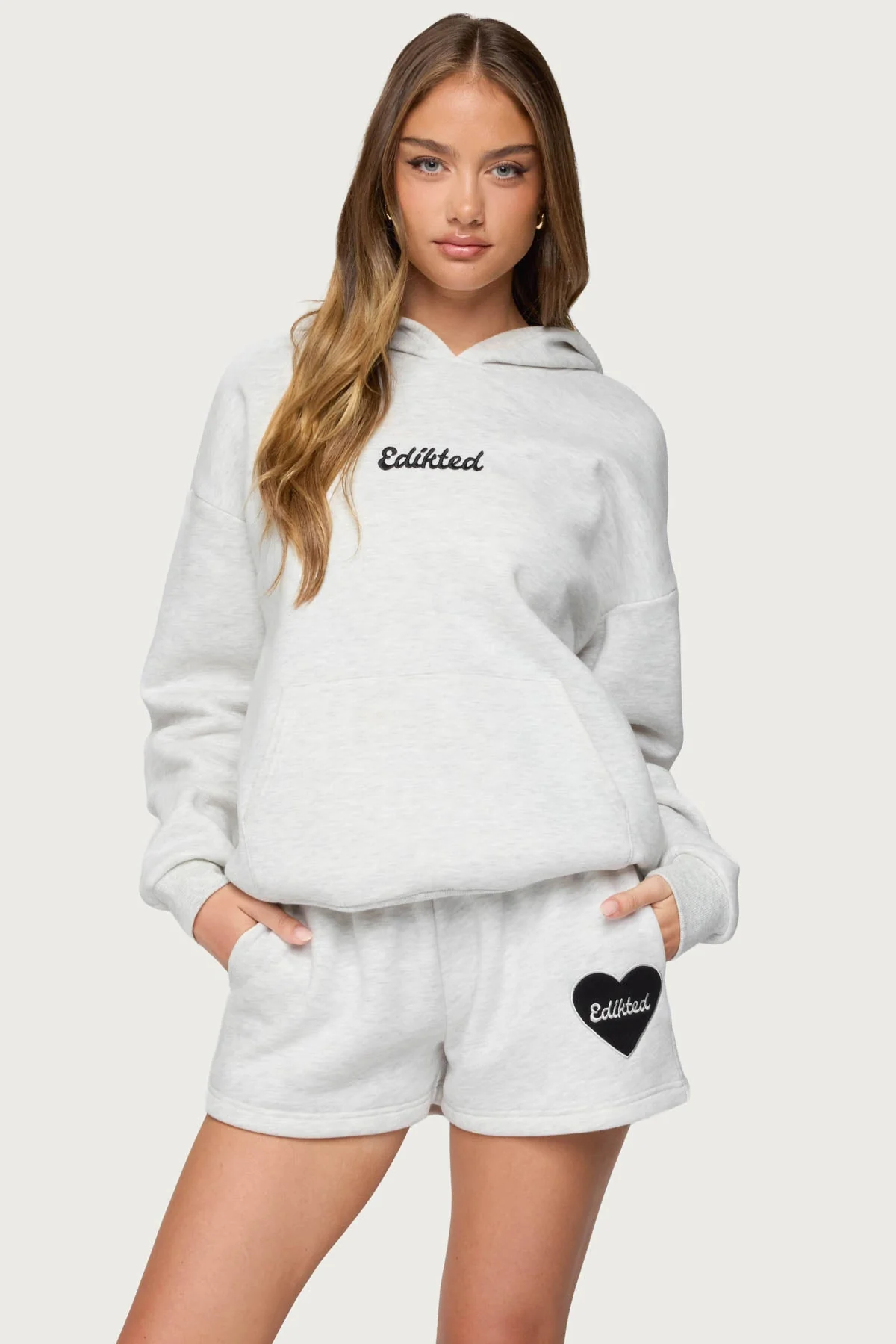 Gray Melange Heart Patched Hoodie Set