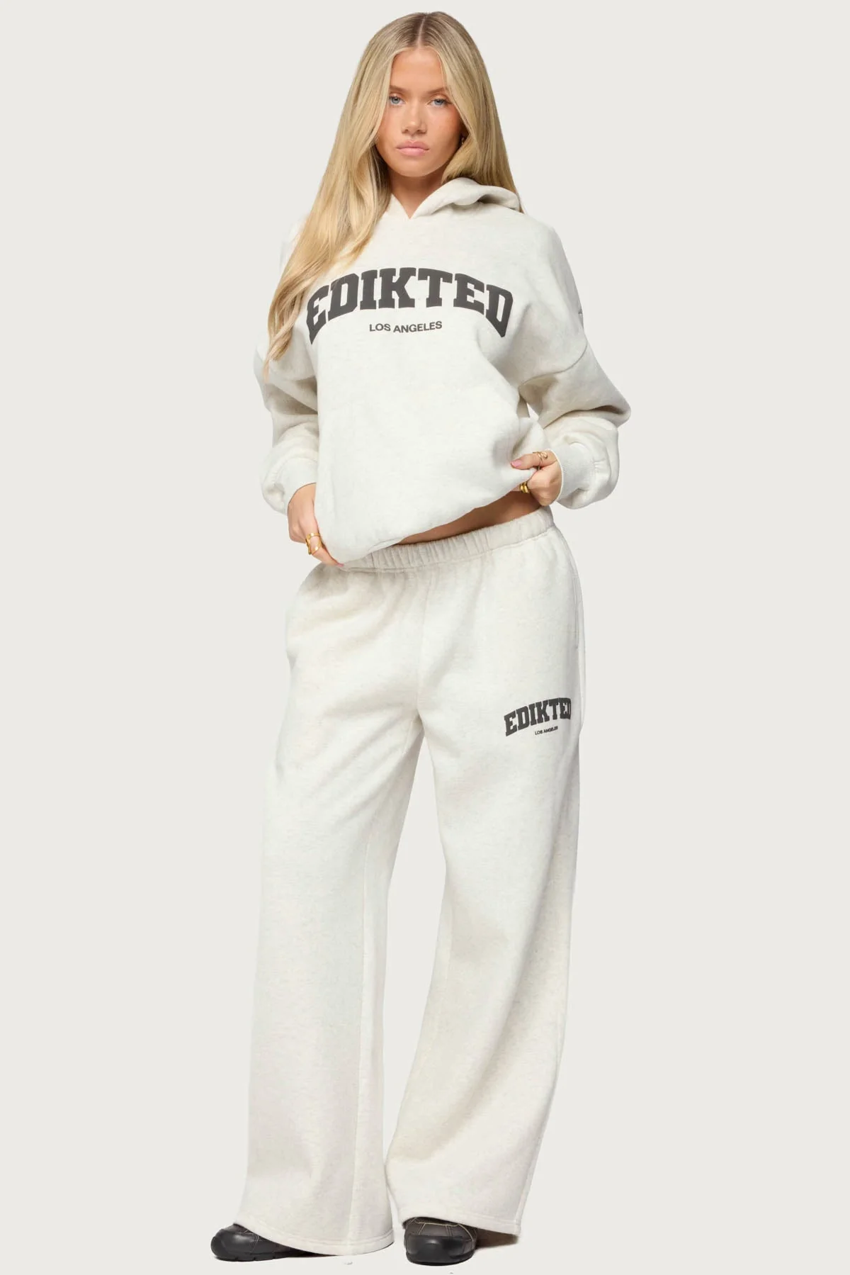 Graphic Text Gray Melange Sweatpants Set