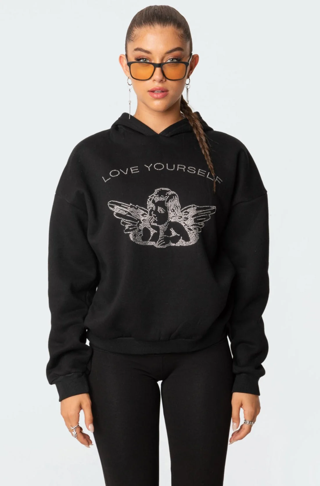 Black Angel Applique Hoodie - Rhinestone Detail