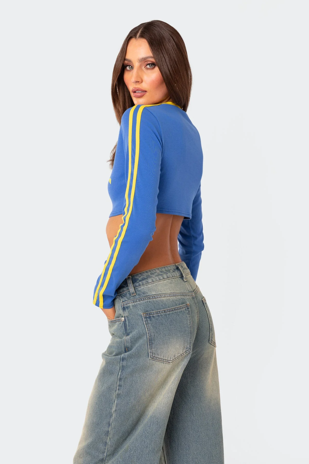 Blue Graphic Long Sleeve Crop Top