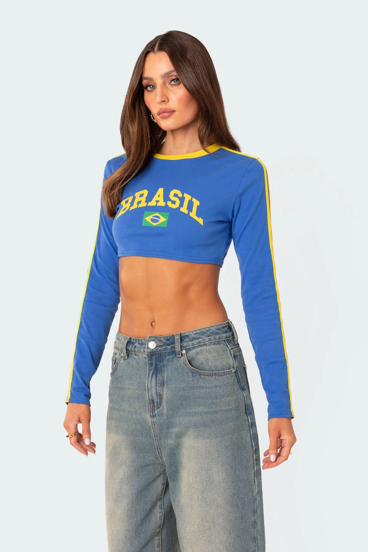 Blue Graphic Long Sleeve Crop Top