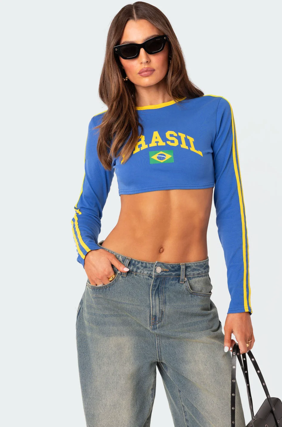 Blue Graphic Long Sleeve Crop Top