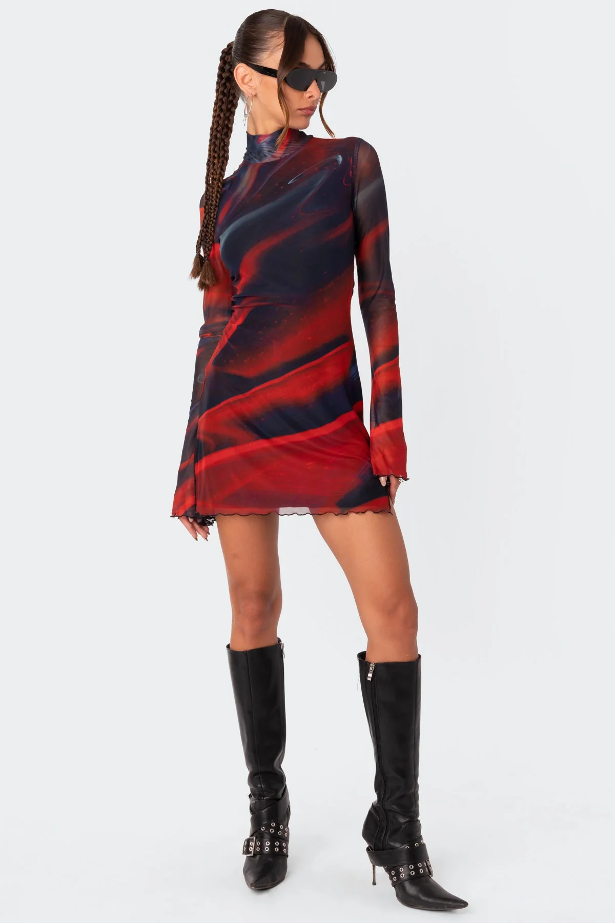 Mesh Side Slit Mini Dress Black Turtle Neck Long Sleeve