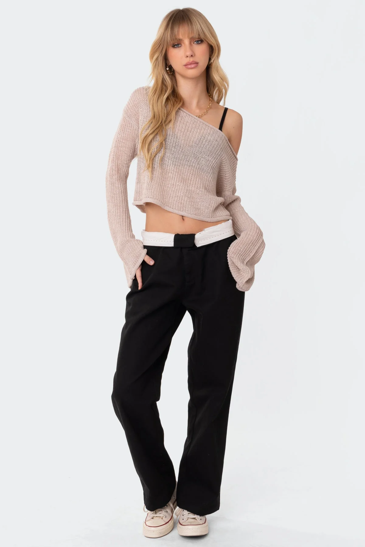 Sheer Knit Off Shoulder Sweater - Beige