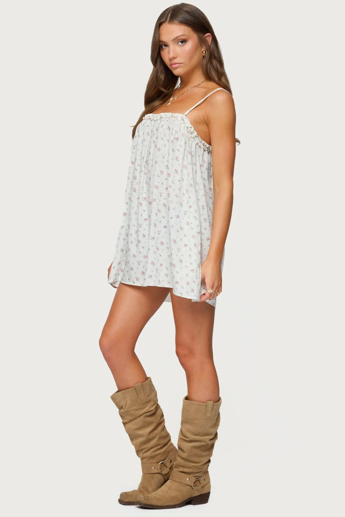 Cream Floral Ruffle Trim Dress