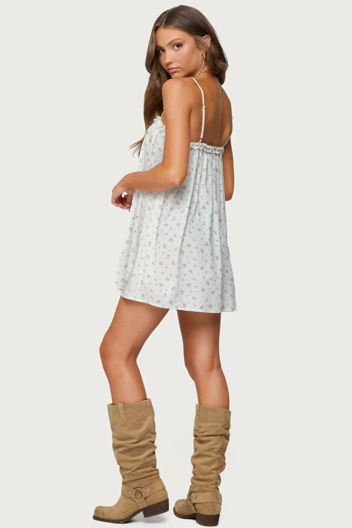 Cream Floral Ruffle Trim Dress