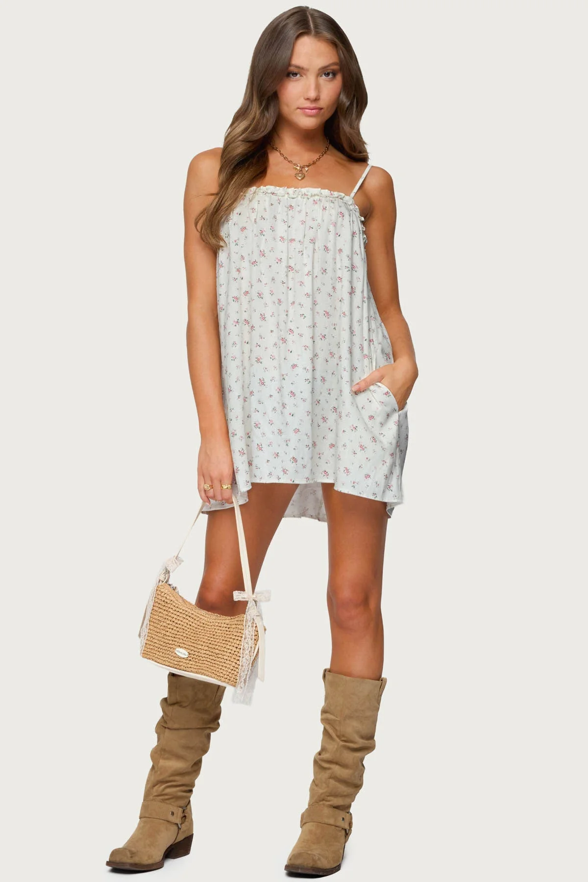 Cream Floral Ruffle Trim Dress