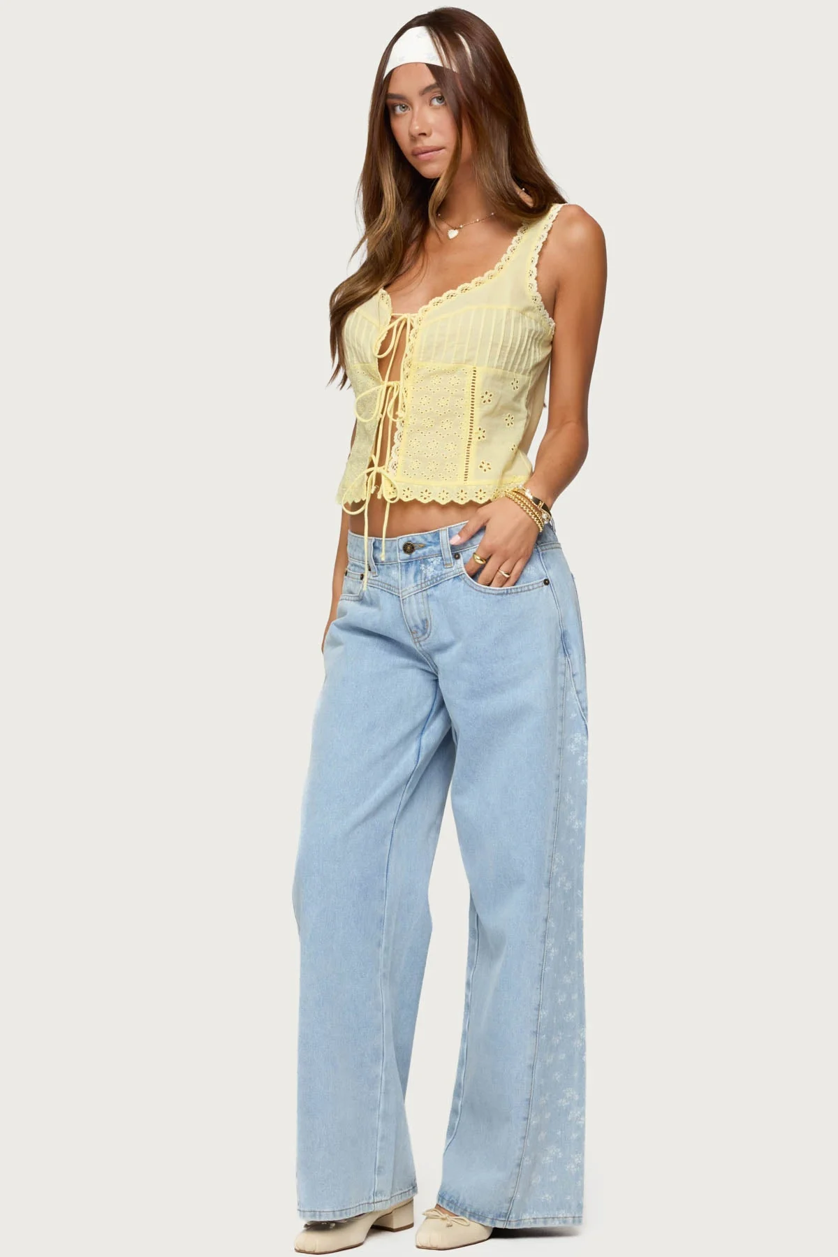 Blue Washed Floral Split Jeans