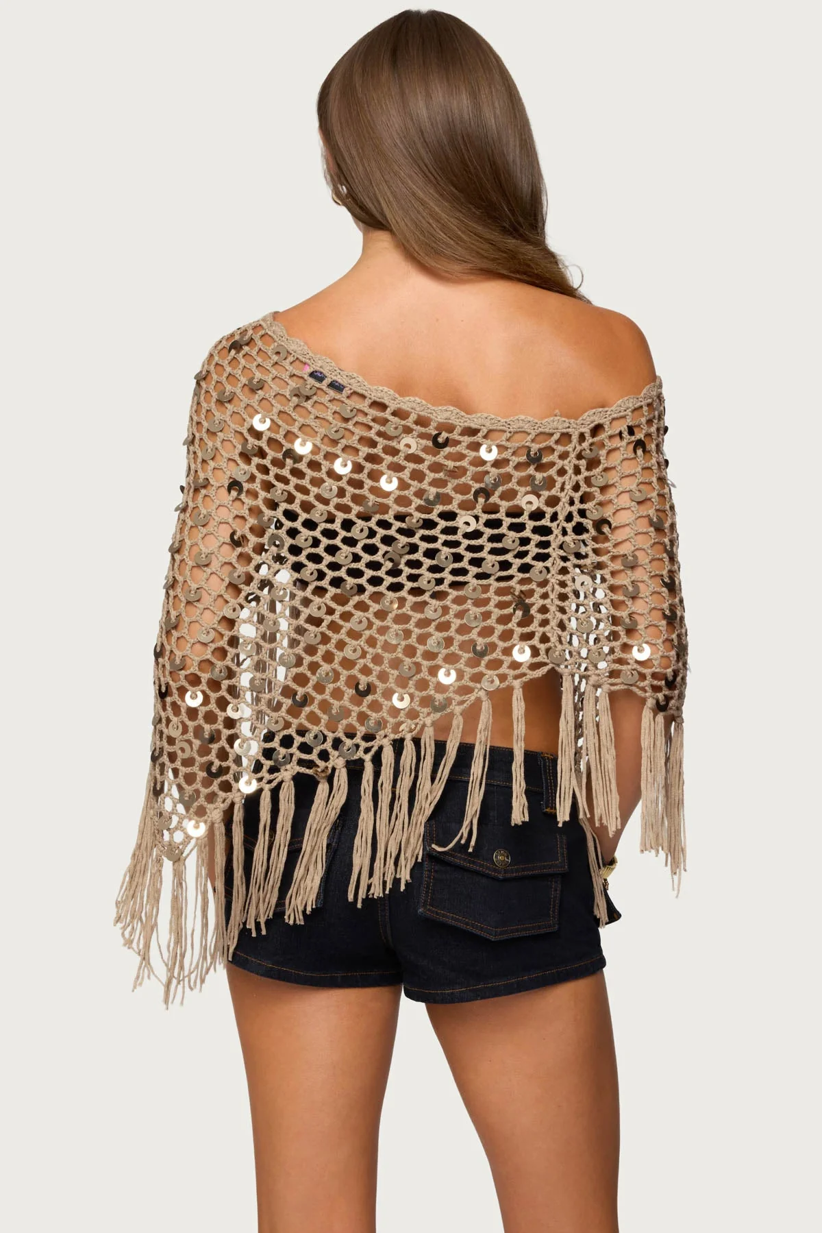 Sequin Crochet Fringe Poncho Brown Knitted Top