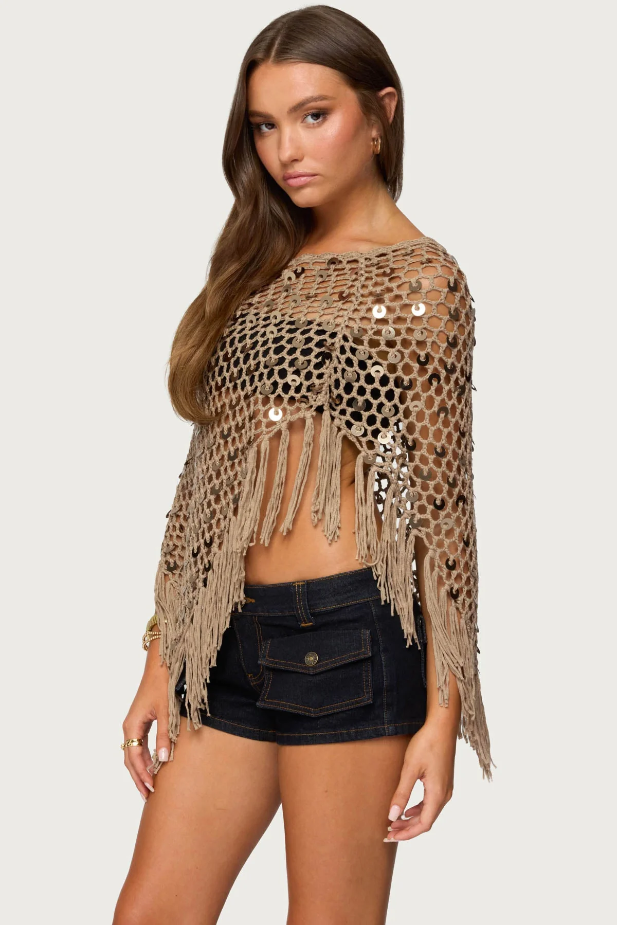Sequin Crochet Fringe Poncho Brown Knitted Top