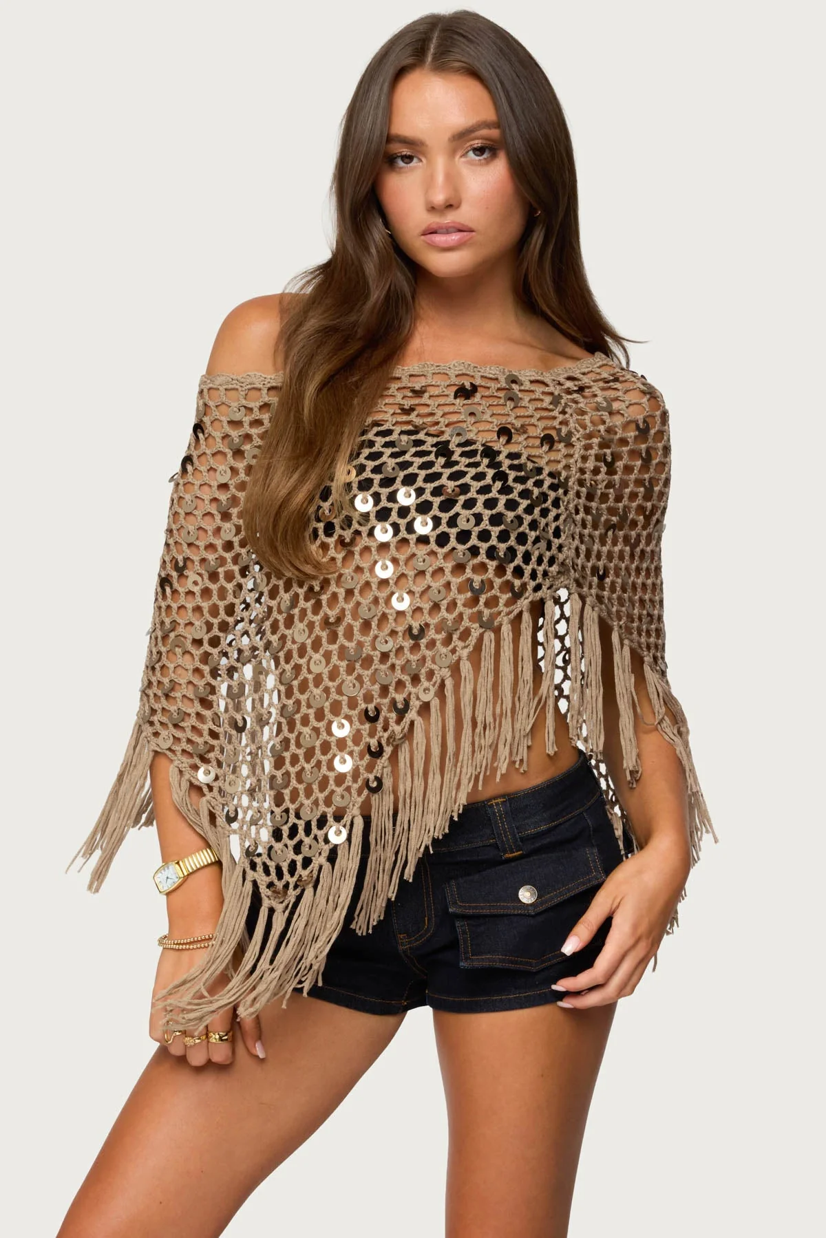 Sequin Crochet Fringe Poncho Brown Knitted Top