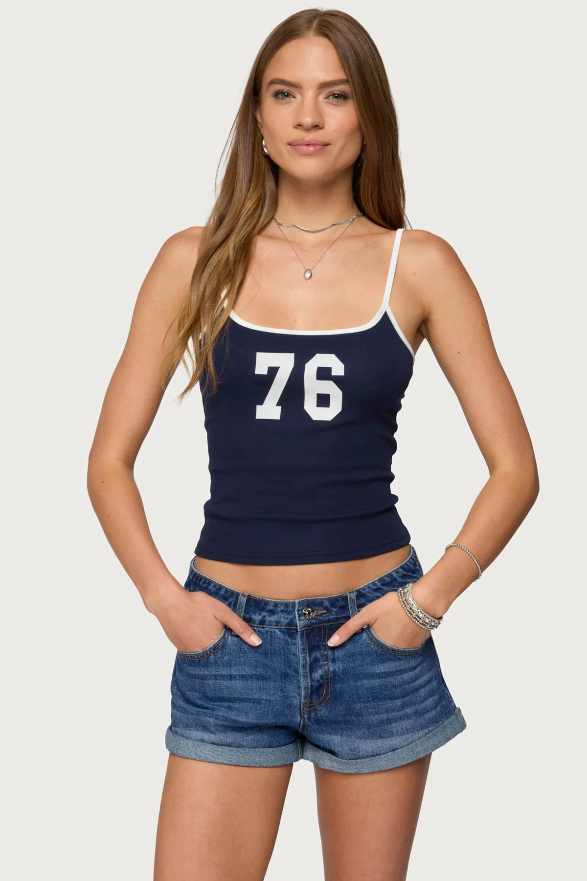 Navy Contrast Tank Top Women Adjustable Straps Graphic Text