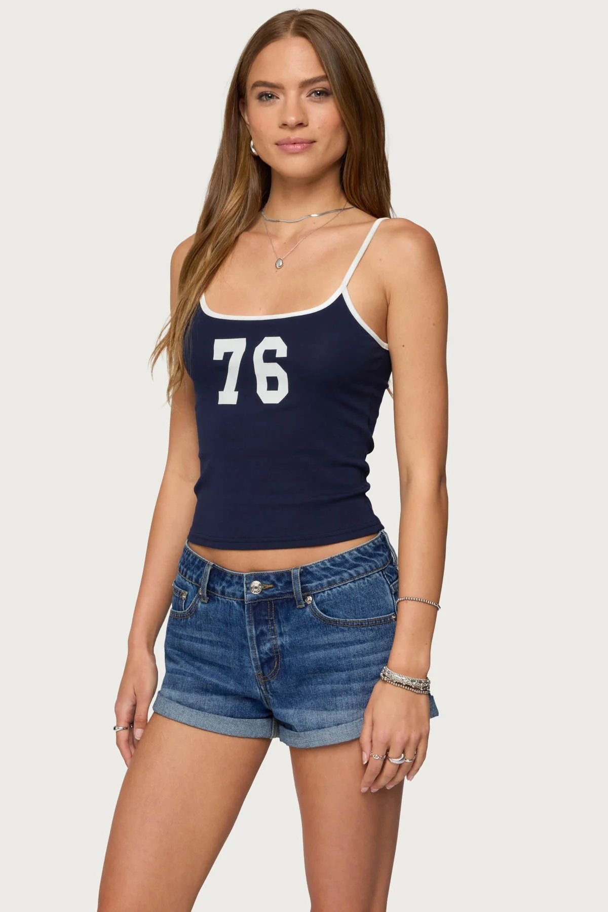 Navy Contrast Tank Top Women Adjustable Straps Graphic Text