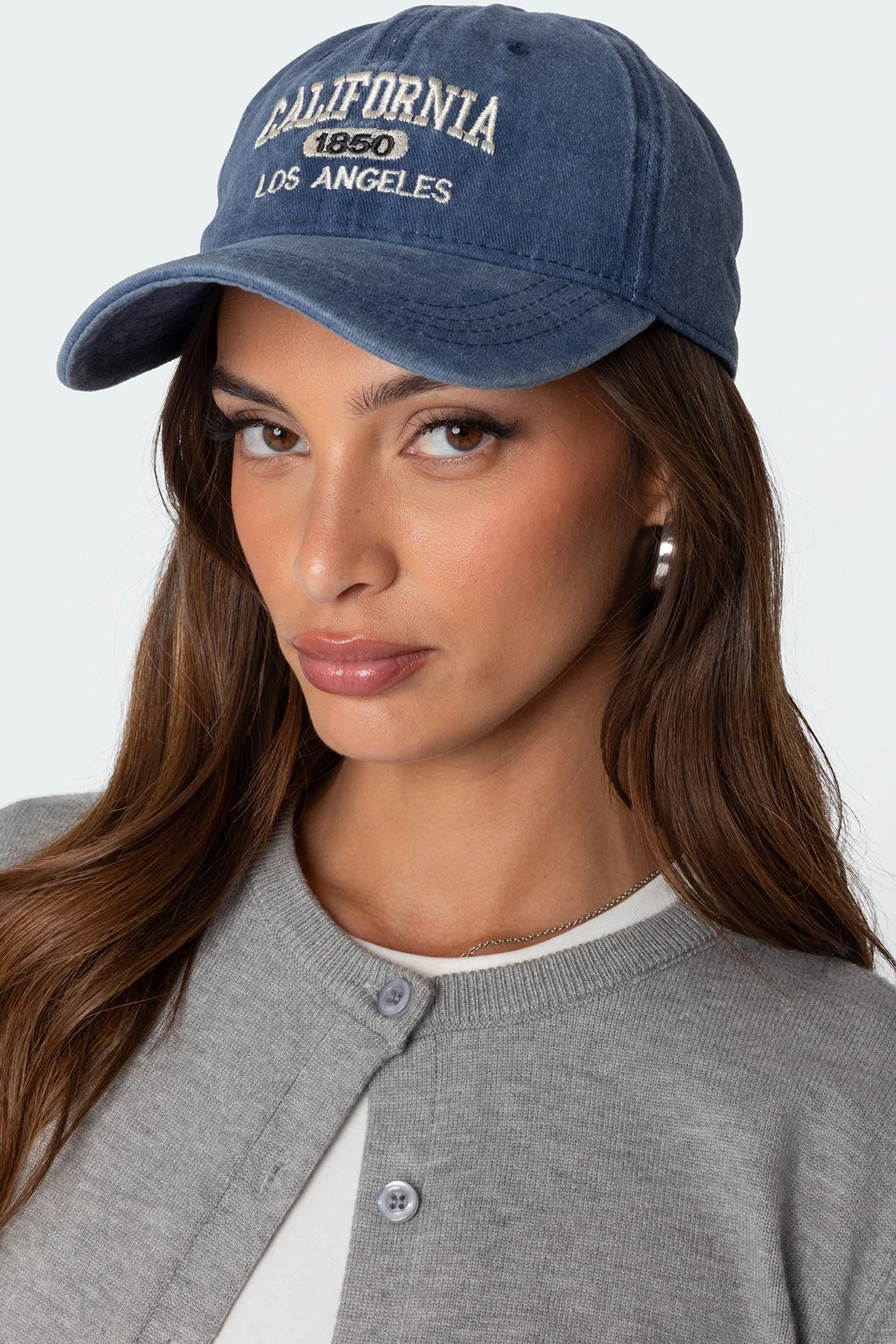 Blue Polyester Embroidered Text Baseball Cap