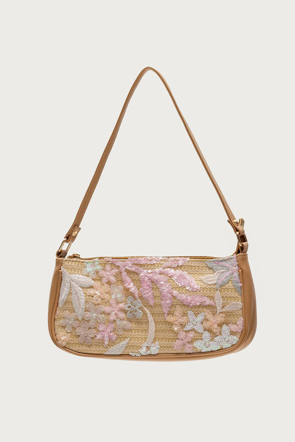 Sequin & Embroidered Straw Bag - Tan Womens Unique Handbag