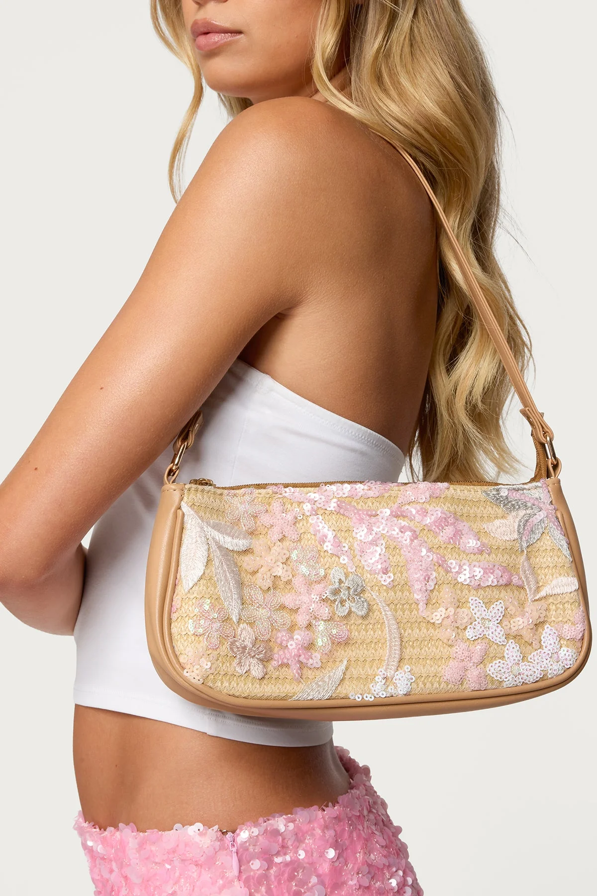 Sequin & Embroidered Straw Bag - Tan Womens Unique Handbag