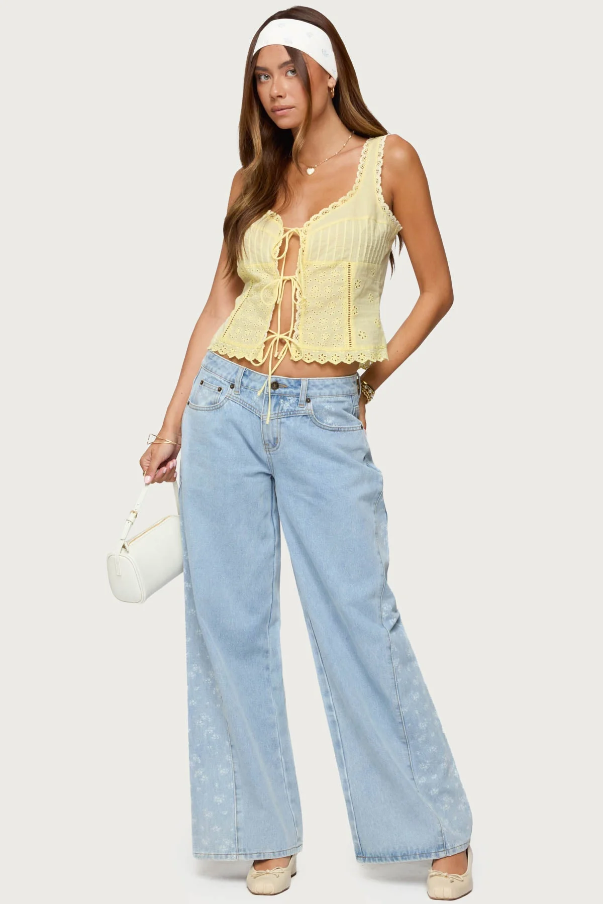Yellow Eyelet Tie Front Cotton Top