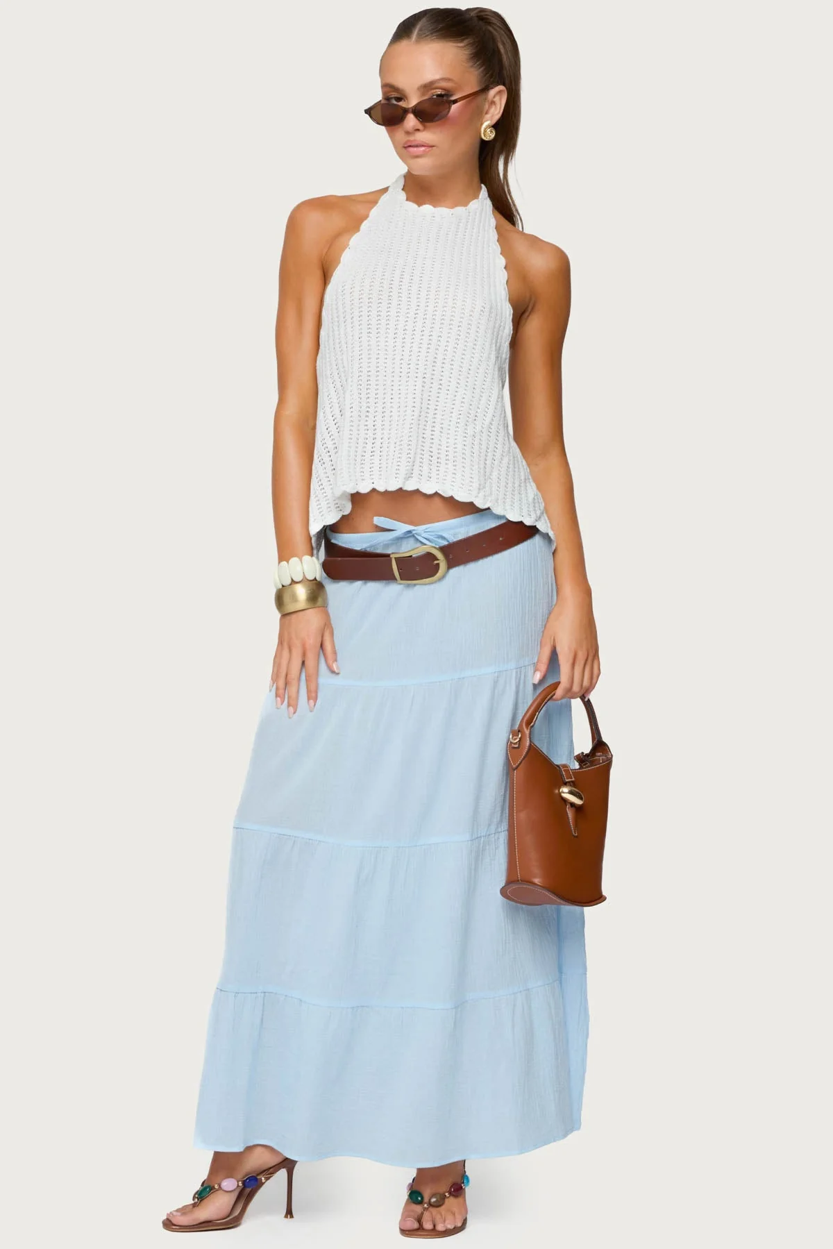 Light Blue Cotton Tiered Maxi Skirt Womens Flare Style