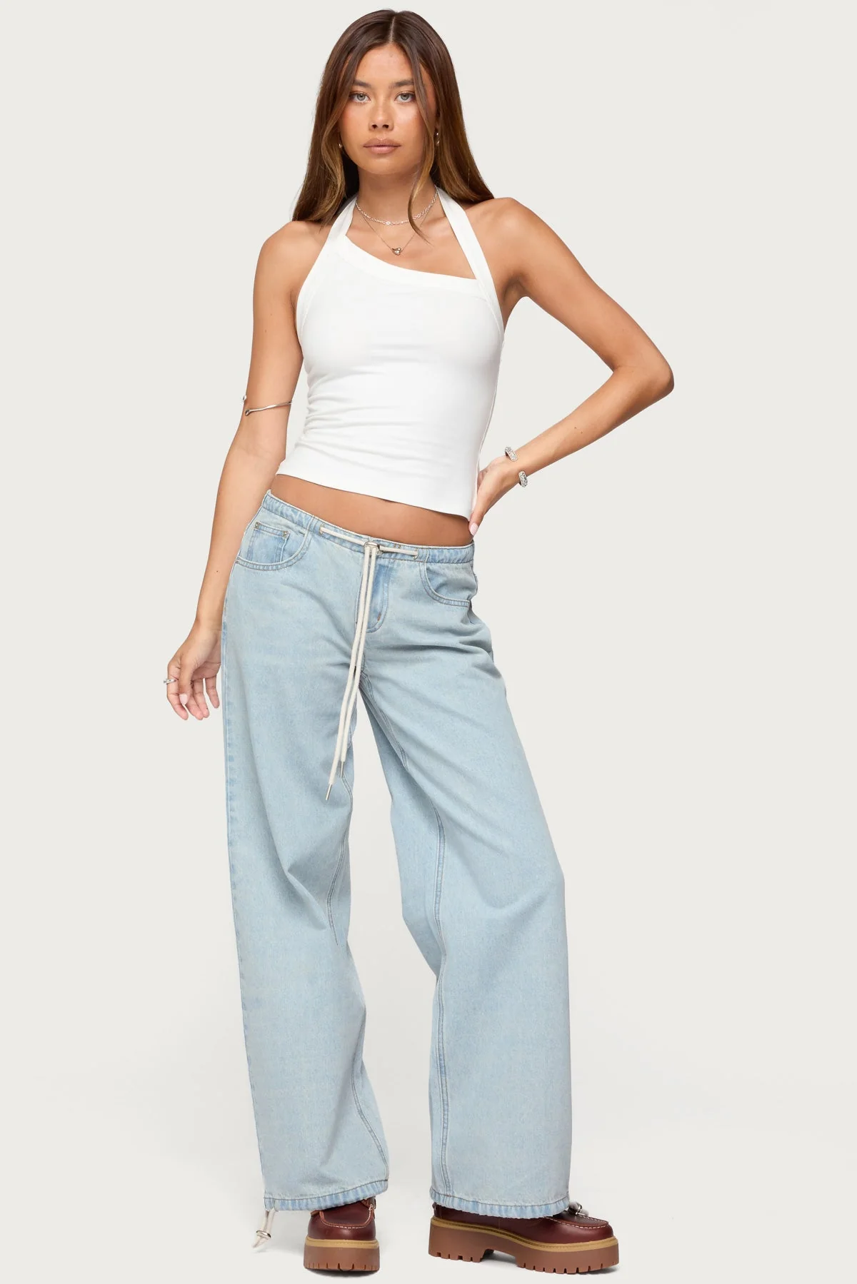Light Blue Drawstring Denim Jeans - Womens High Waist Casual Pants