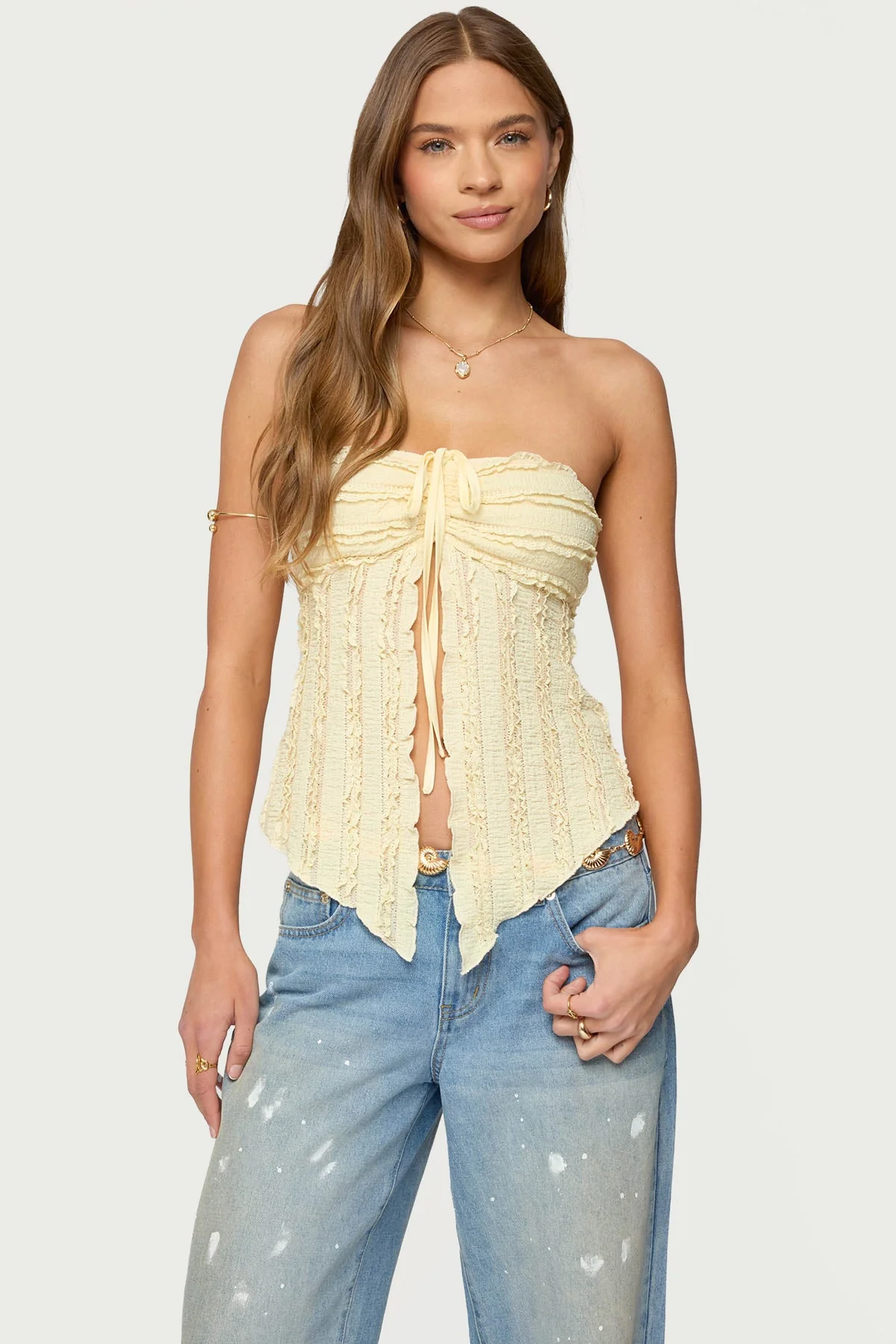 Yellow Textured Strapless Ruffle Top