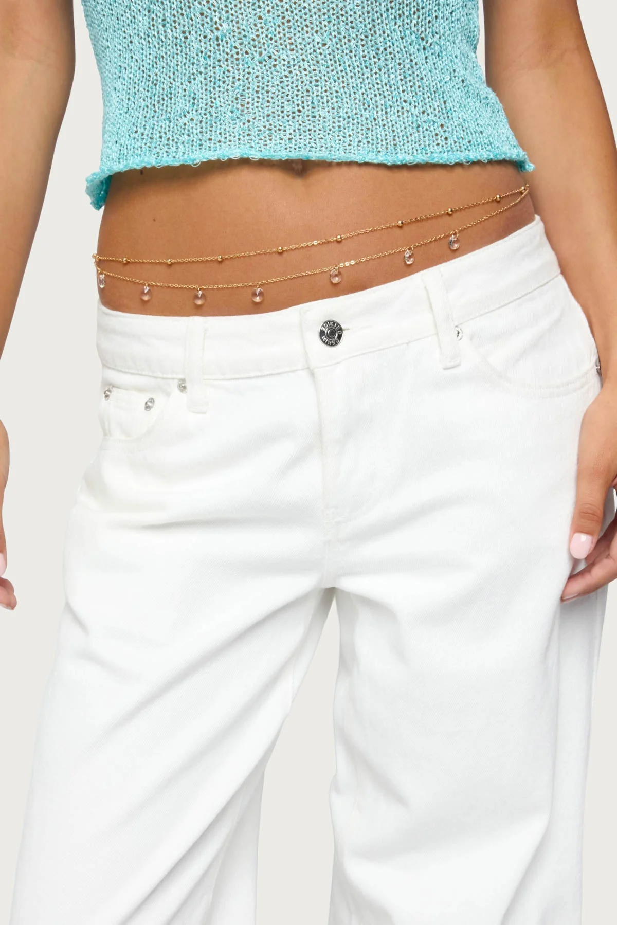 Gemstone and Beaded Double Belly Chain in Gold Tone