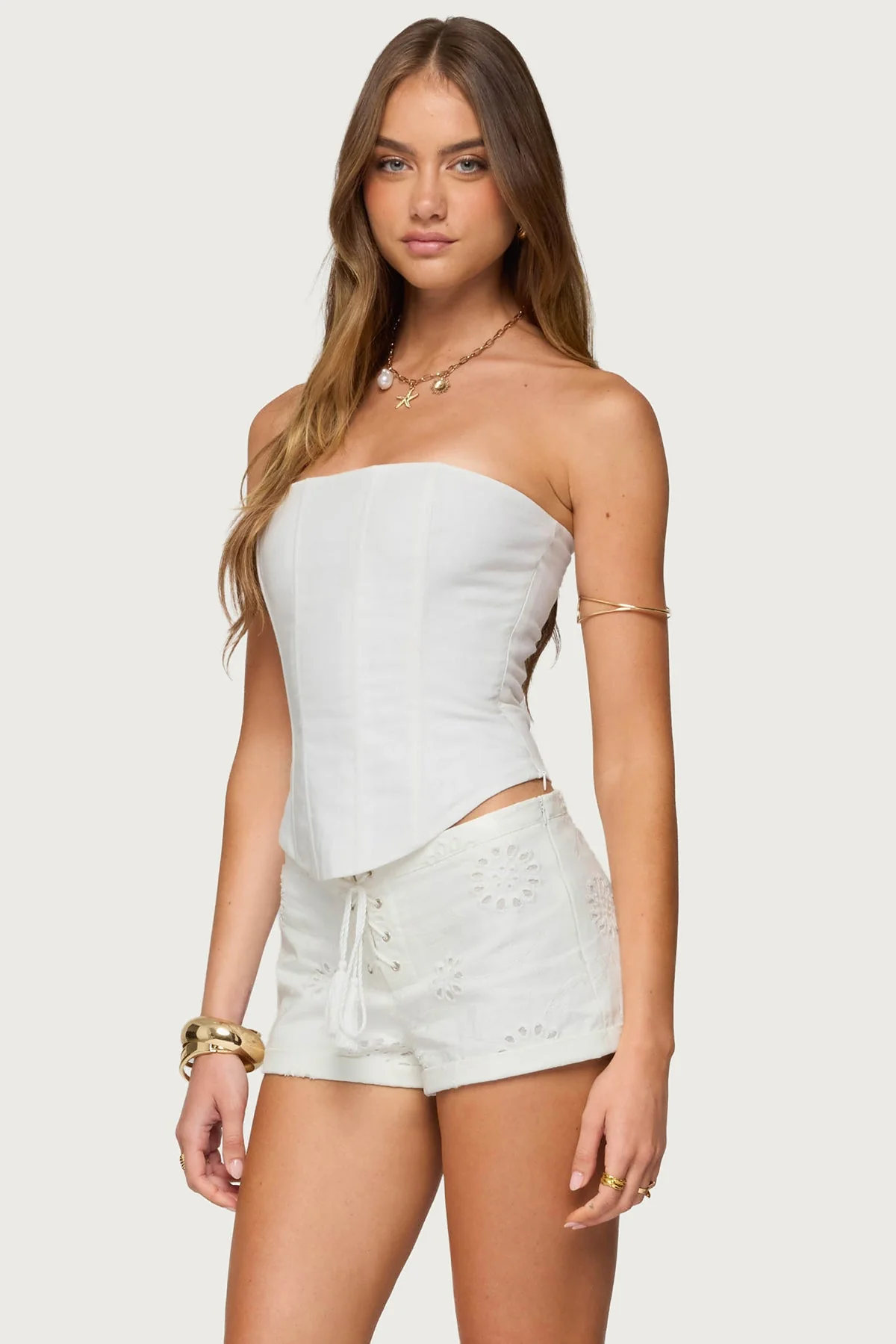 White Linen Look Strapless Corset with Boned Bodice