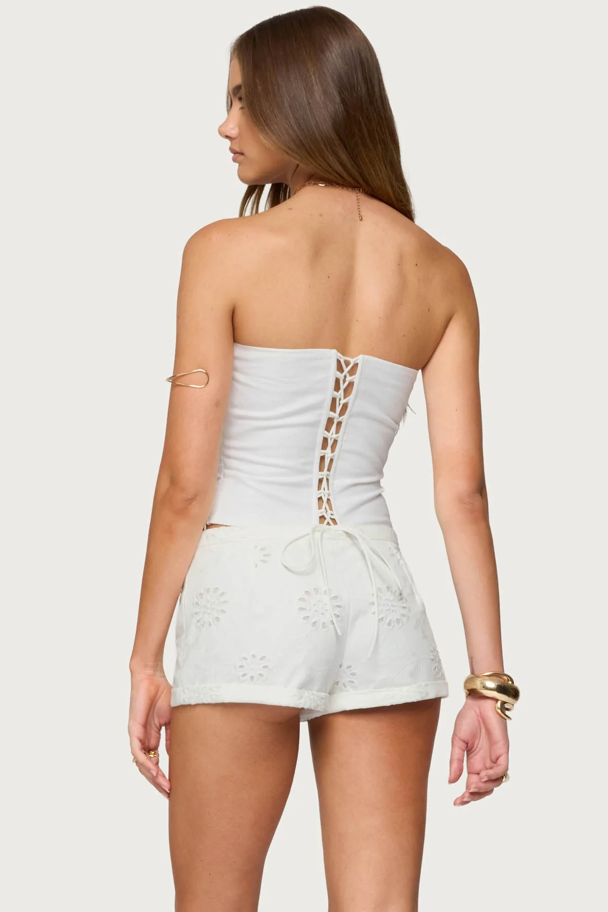 White Linen Look Strapless Corset with Boned Bodice