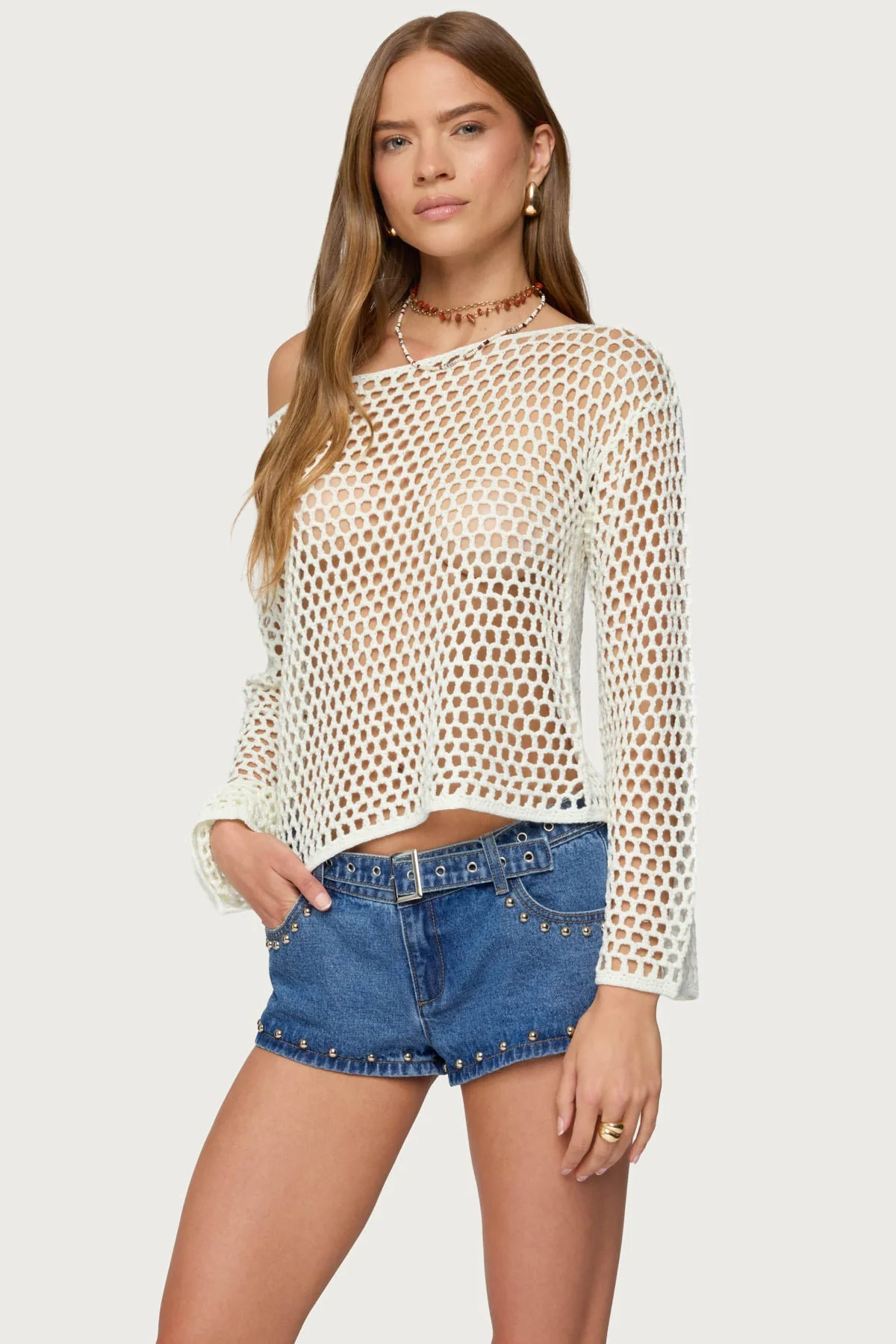 Cream Crochet Off Shoulder Knitted Top