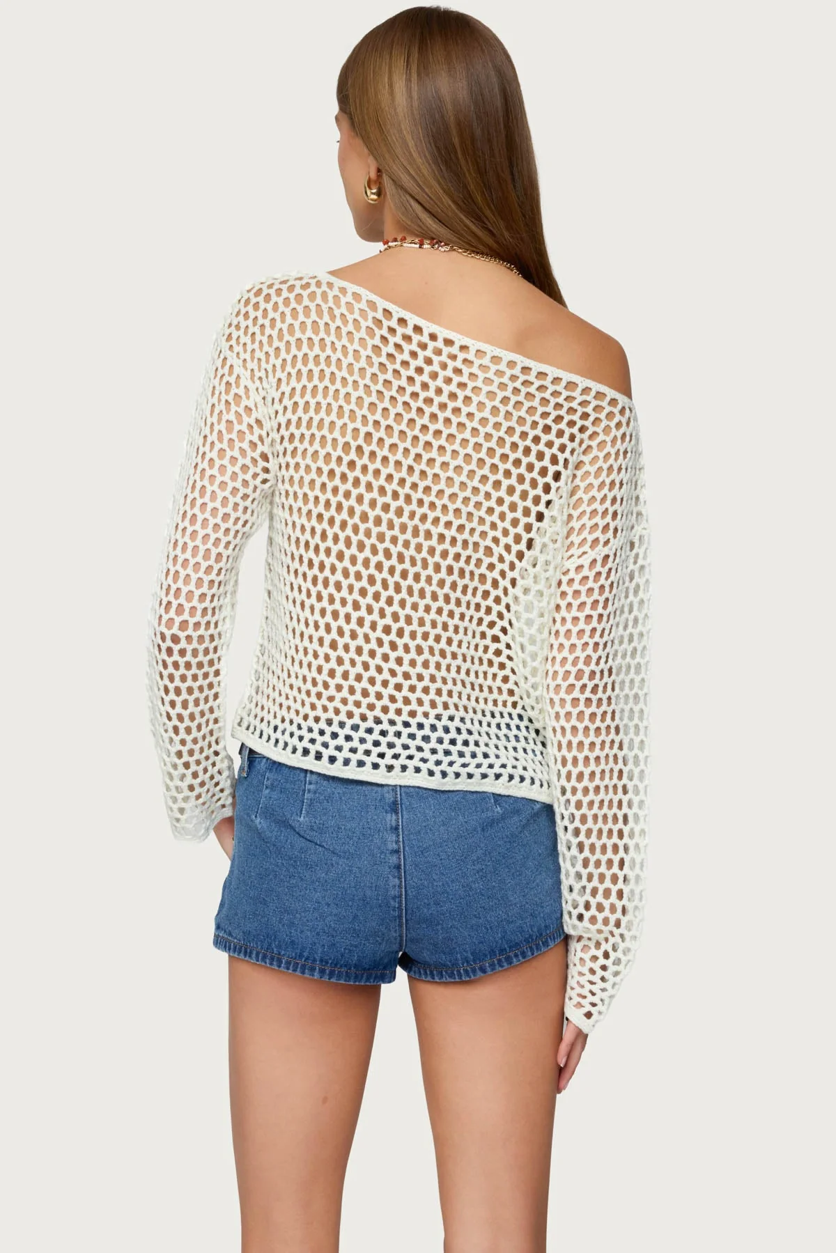 Cream Crochet Off Shoulder Knitted Top