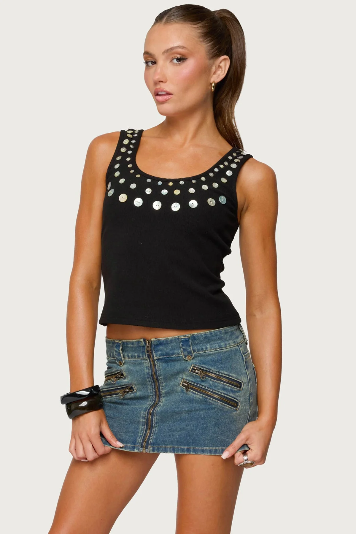 Ribbed Scoop Neck Tank Top with Iridescent Buttons