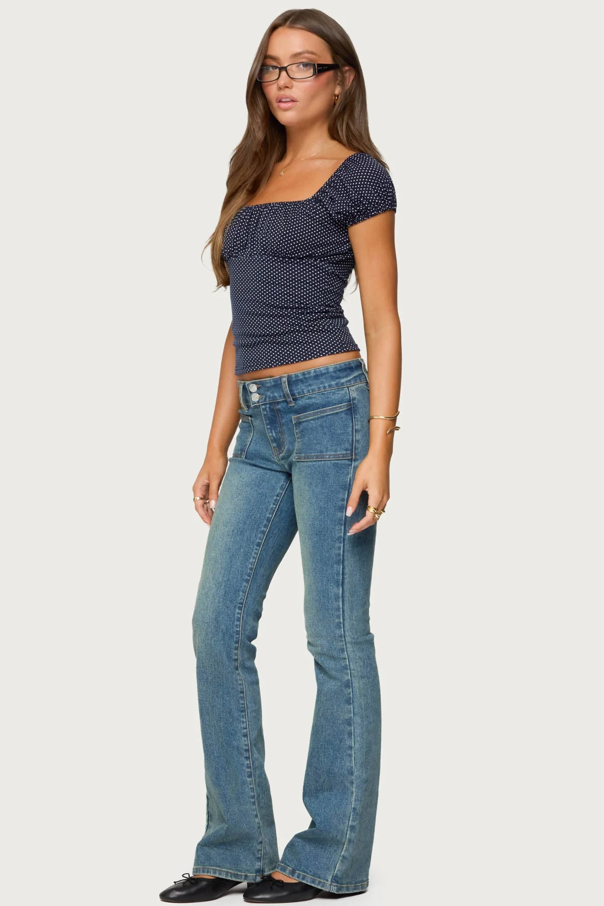 Navy Polka Dot Short Sleeve Top for Women