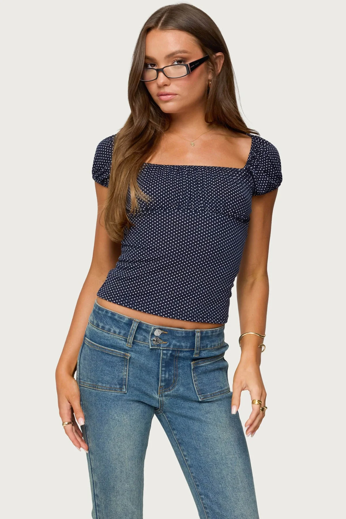 Navy Polka Dot Short Sleeve Top for Women