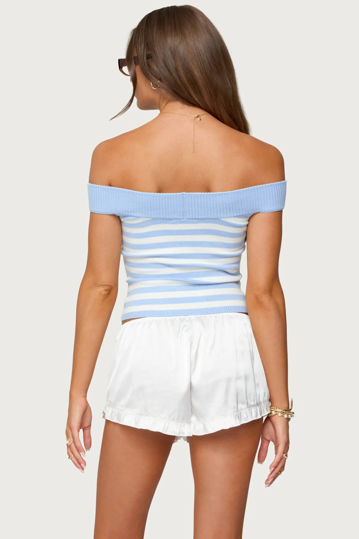 Striped Knit Off Shoulder Top in Light Blue - Deni Style