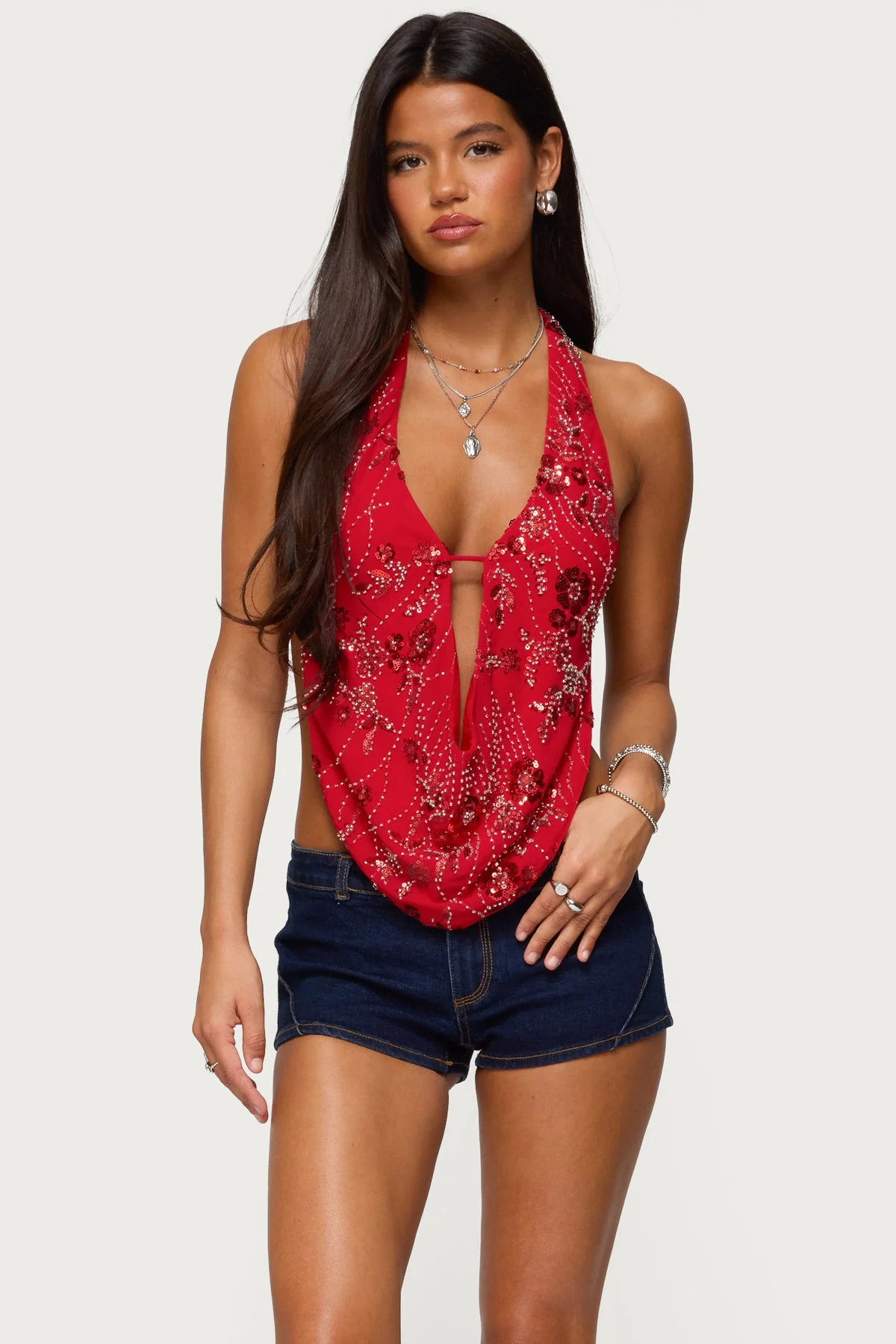 Red Beaded Chiffon Cowl Neck Top