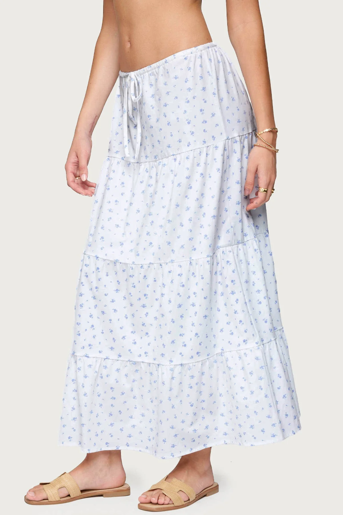 Floral Tiered Maxi Skirt in White Cotton Blend Dress